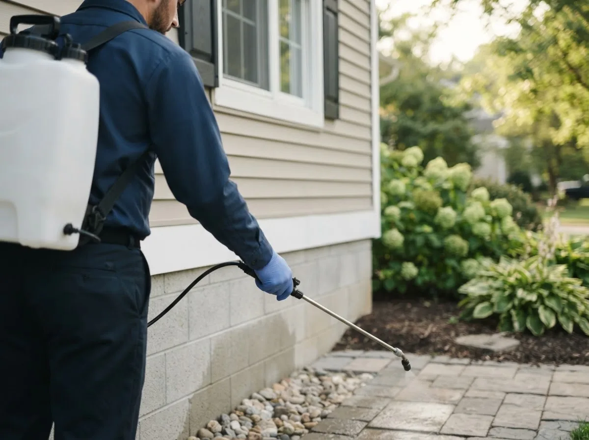 Pest control technician inspecting a home in Templeton, IN